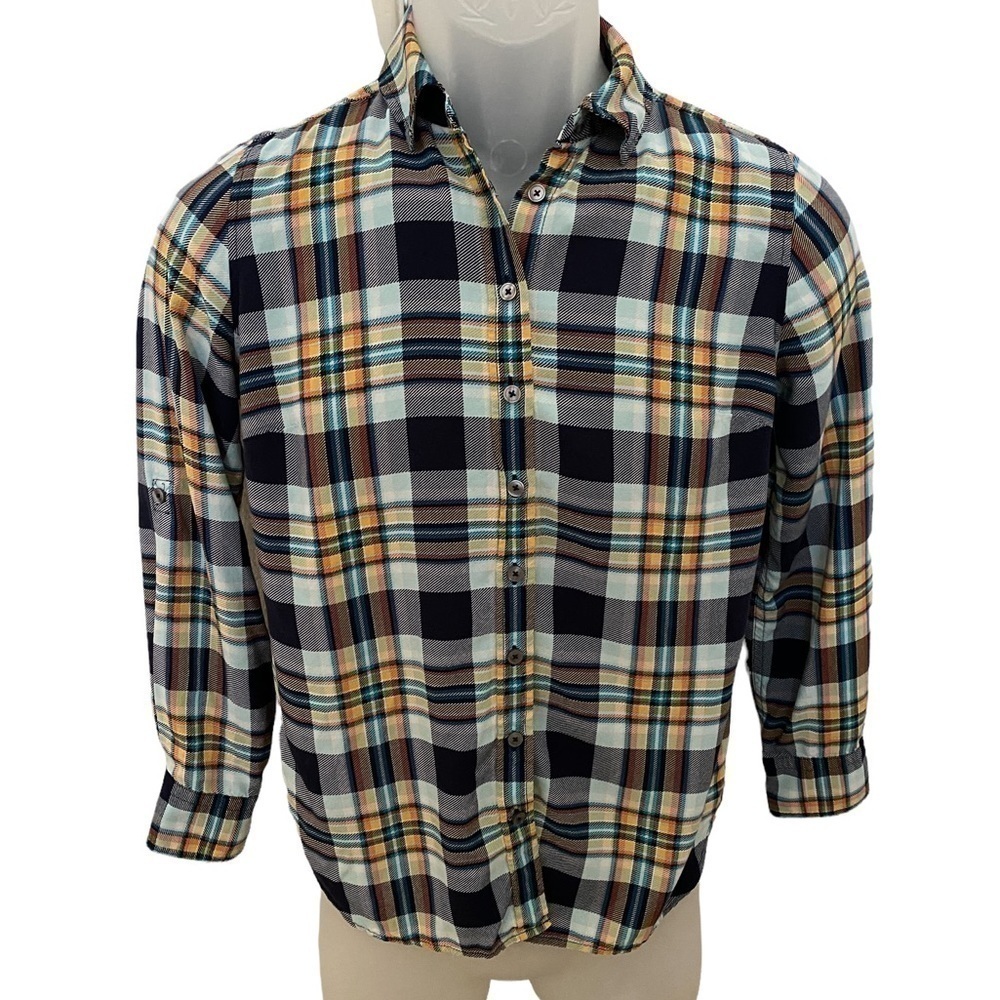 𝅺talbots Plaid Blue, Yellow & Orange Button Down Long Sleeve Shirt Women P
